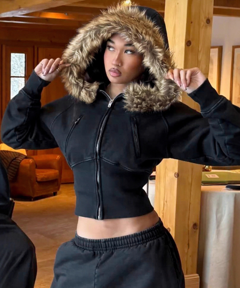 Street-Style Fuzzy Patchwork Hoodie Jacket