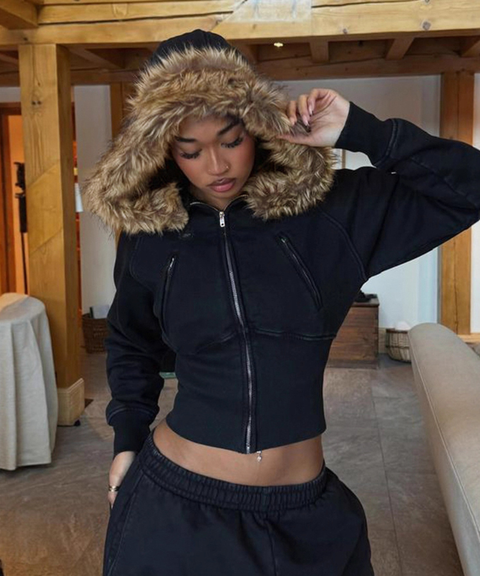 Street-Style Fuzzy Patchwork Hoodie Jacket