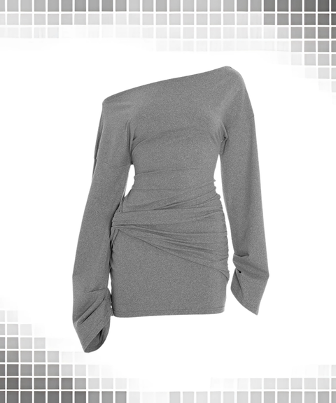 One-Shoulder Twist Long Sleeve Waist-Cinching Mini Dress