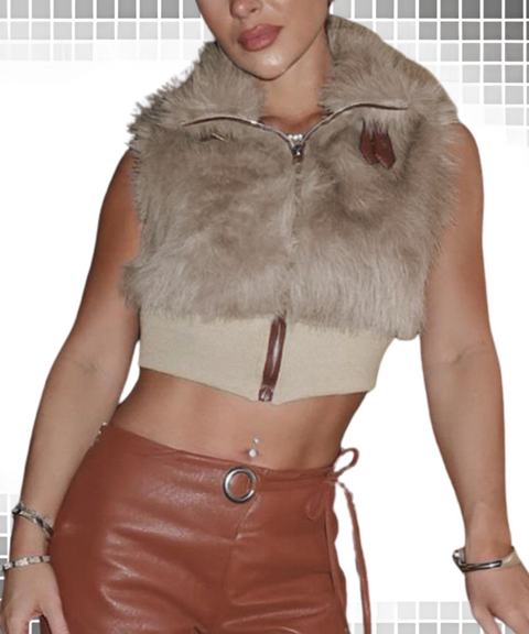 Sleeveless plush zipper metal buckle top