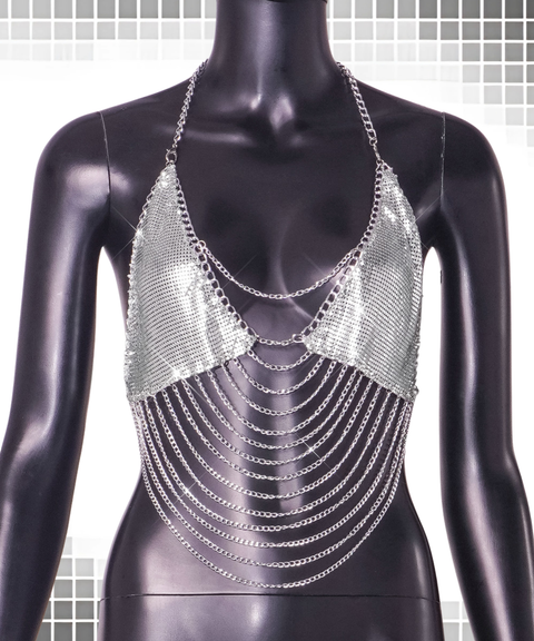 Women's Sexy Clothing, Metallic Sequin Fringe Chain Halter Tank Top, Nightout OOTD