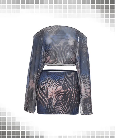 Tiger print mesh off-shoulder long-sleeved top and fitted skirt two-piece set