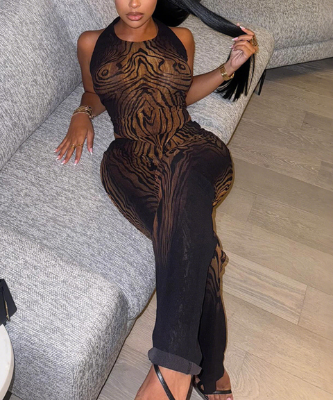 Sexy retro graffiti print sleeveless top and tight pants set