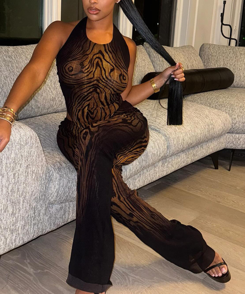 Sexy retro graffiti print sleeveless top and tight pants set