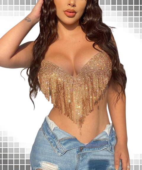 Women's Sexy Clothing,Metallic rhinestone tassel party camisole top ,Nightout OOTD