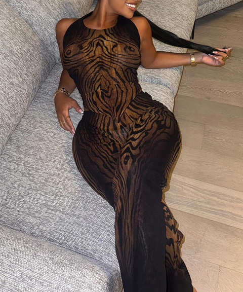 Sexy retro graffiti print sleeveless top and tight pants set