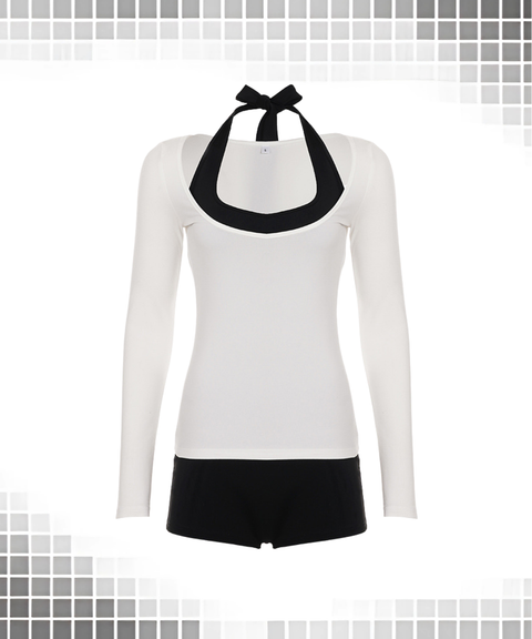 Sports and fitness long-sleeved top + halter-neck jumpsuit set