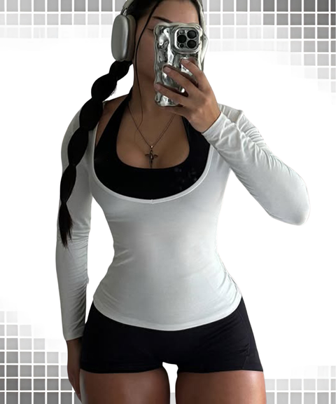 Sports and fitness long-sleeved top + halter-neck jumpsuit set