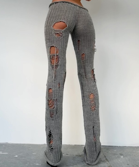 Street Style Hollow Distressed Knit Slim-Fit Pants