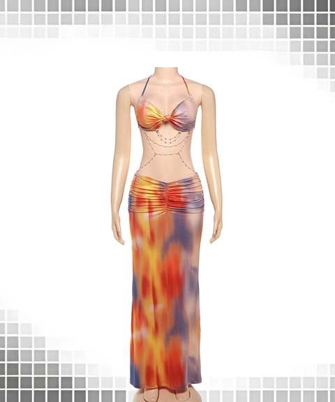 Printed Halter Twist Knot Beaded Chain Waist-Cut Ruched Bodycon Dress