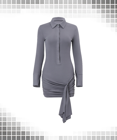Polo Collar Button-Up Fitted Solid Long Sleeve Bodycon Dress with Tie Waist