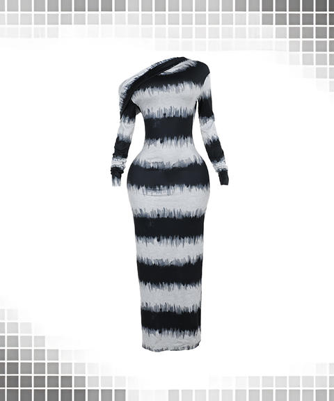 Black & White Striped Asymmetric Off-Shoulder Cowl Neck Long Sleeve Dress