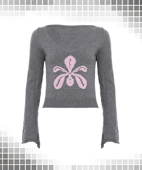 Floral Jacquard V-Neck Casual Long Sleeve Sweater