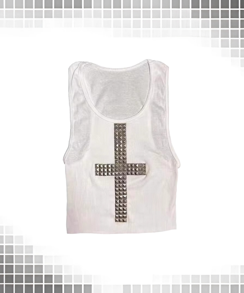 Vintage Cross Rhinestone Sleeveless Knit Base Tank Top