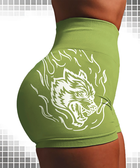 Wolf Head Print Seamless High-Stretch Knit High-Waist Yoga Butt-Lifting Shorts