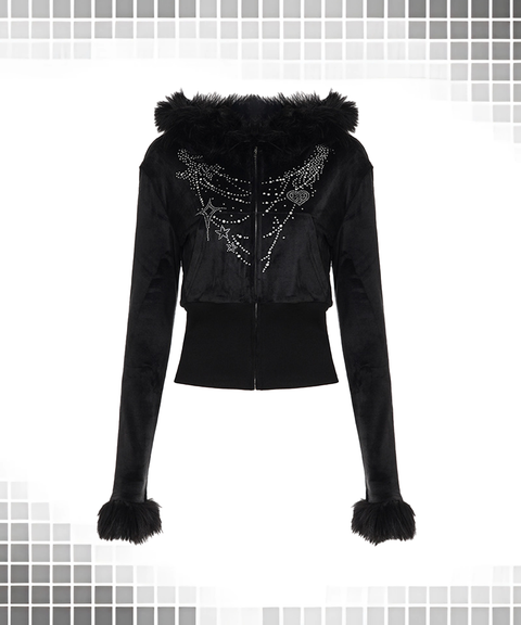 Fuzzy Long Sleeve Zip-Up Hoodie & Rhinestone Letter Jogger Two-Piece Set