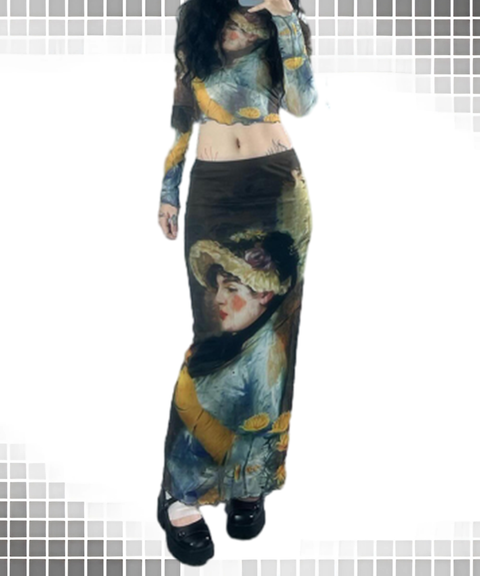 Sheer Printed Design Midi Skirt