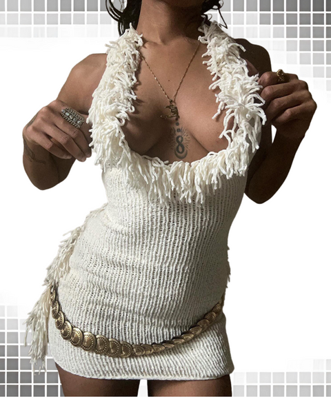 Fringed halter neck lace-up backless knit dress