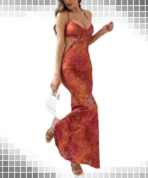 Printed Holiday Chest Cutout Strap Dress