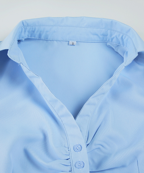 Slim Ruched Button-Up Back Tie Collar Shirt