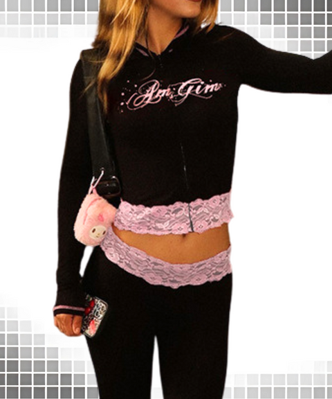 Contrast color lace paneled hooded top and casual sports pants set