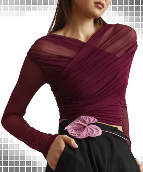 Solid Mesh Sexy Ruched Long Sleeve T-Shirt Top
