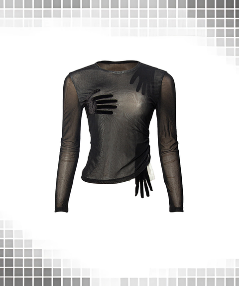 Solid Mesh Patchwork Velvet Long Sleeve Sheer Cropped Top with Hand Glove Design