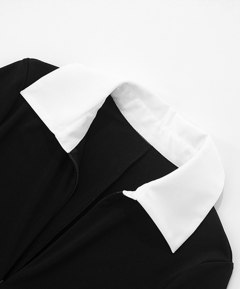 Collared Zip-Up Colorblock Split Sleeve Bodycon Jumpsuit
