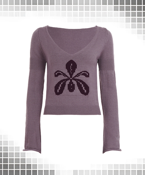 Floral Jacquard V-Neck Casual Long Sleeve Sweater