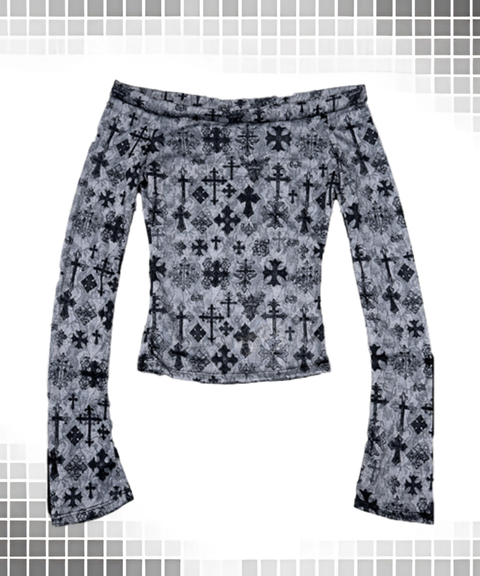 Cross Print Sexy Slim Off-Shoulder Long Sleeve T-Shirt
