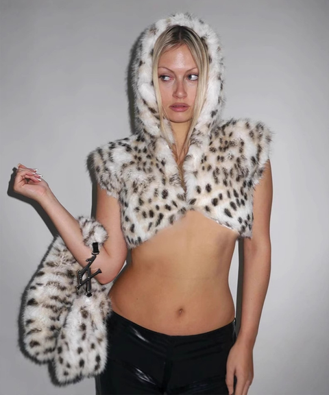 Leopard Print Ultra-Cropped Fuzzy Hooded Jacket
