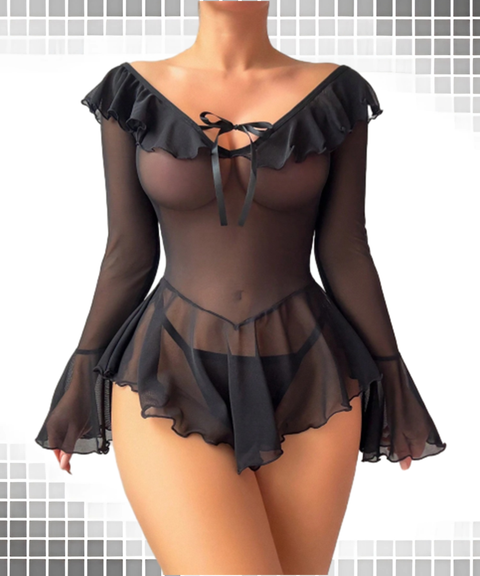 Women’s Sexy Clothing, Sheer Mesh Off-Shoulder Uniform Style Erotic Lingerie, Nightout OOTD