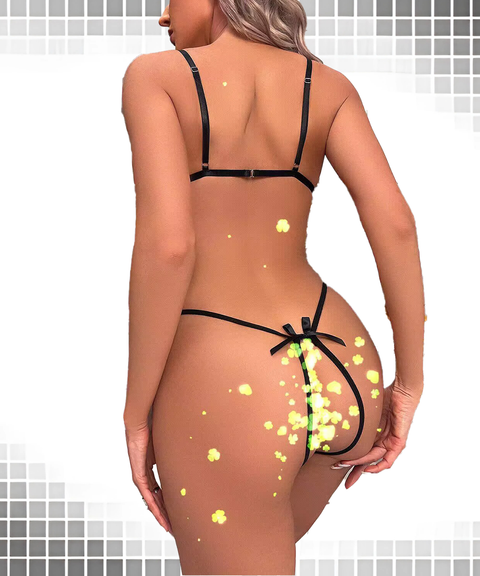 Women's Sexy Clothing, Lace Sexy Crotchless See-Through Open-Bust Three-Piece Shaping Bodysuit, Nightout OOTD