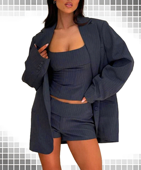 Chic Striped Backless Blazer Top and Shorts Set