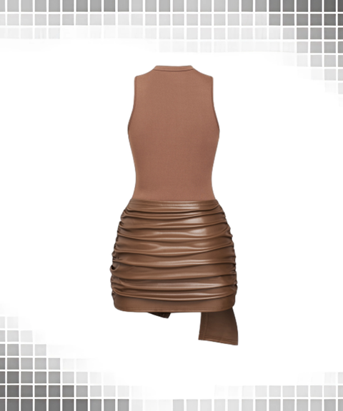 Solid Sleeveless Front Tie PU Trim Dress