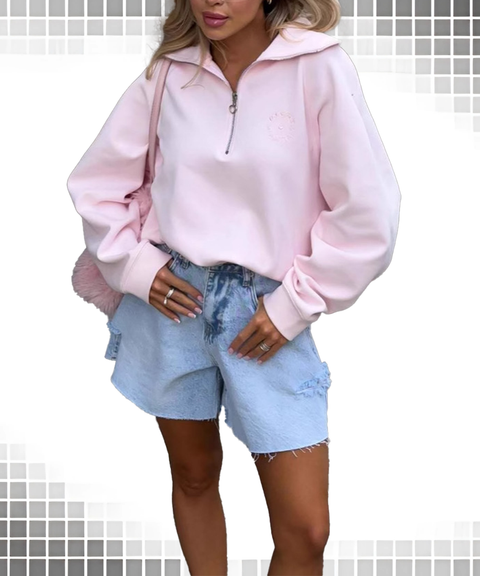 Letter Embroidery Half-Zip Loose Casual Cozy Sweatshirt