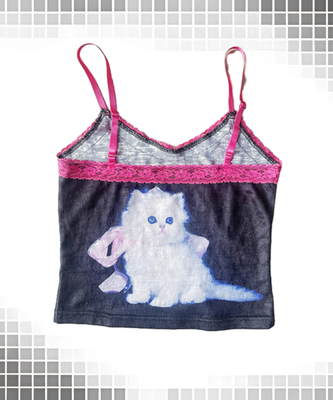 Vintage Cat Print Lace Trim Tank Top