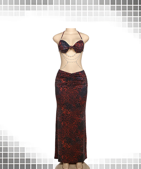 Printed Halter Twist Knot Beaded Chain Waist-Cut Ruched Bodycon Dress