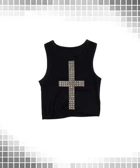 Vintage Cross Rhinestone Sleeveless Knit Base Tank Top