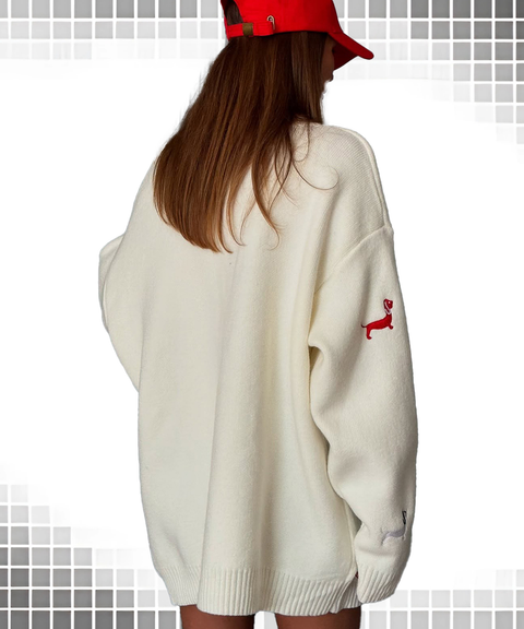 Dachshund Embroidery Sweater Loose V-Neck Long Sleeve Lazy Style Cardigan