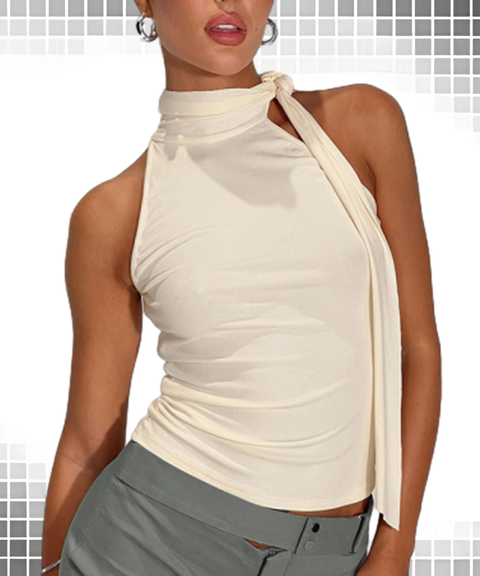 Solid Color Sleeveless High Neck Ribbon Tie Top