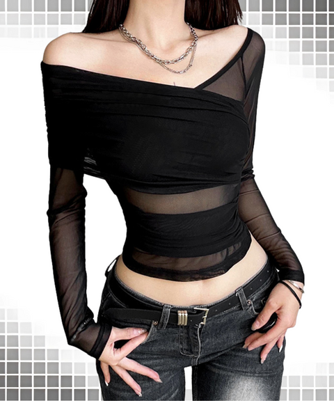 Off-shoulder mesh long-sleeved top
