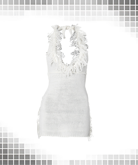 Fringed halter neck lace-up backless knit dress