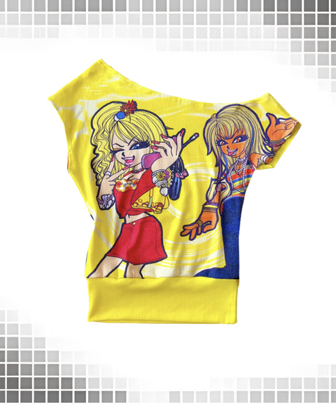 Vintage movie character off-shoulder asymmetrical T-shirt