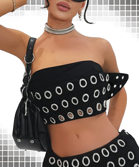 Dark Grommet Strapless Top Low-Waisted Rocker Shorts