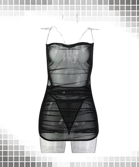 Women’s Sexy Clothing, Sheer Mesh One-Piece Slip Dress – Soft Stretch Fabric with Chain Back Cut-Out, Nightout OOTD