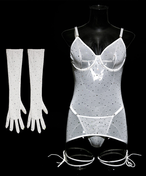 Women’s Sexy Clothing, Sexy Sequin Underwire Sheer Push-Up Slimming Dress with Gloves & Straps, Nightout OOTD