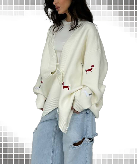 Dachshund Embroidery Sweater Loose V-Neck Long Sleeve Lazy Style Cardigan