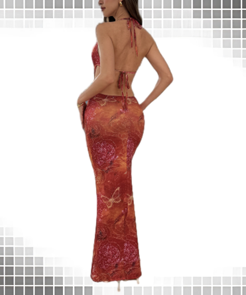 Printed Holiday Chest Cutout Strap Dress