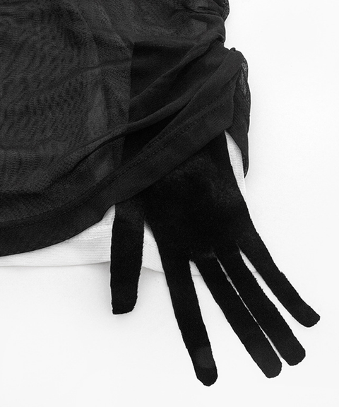 Solid Mesh Patchwork Velvet Long Sleeve Sheer Cropped Top with Hand Glove Design
